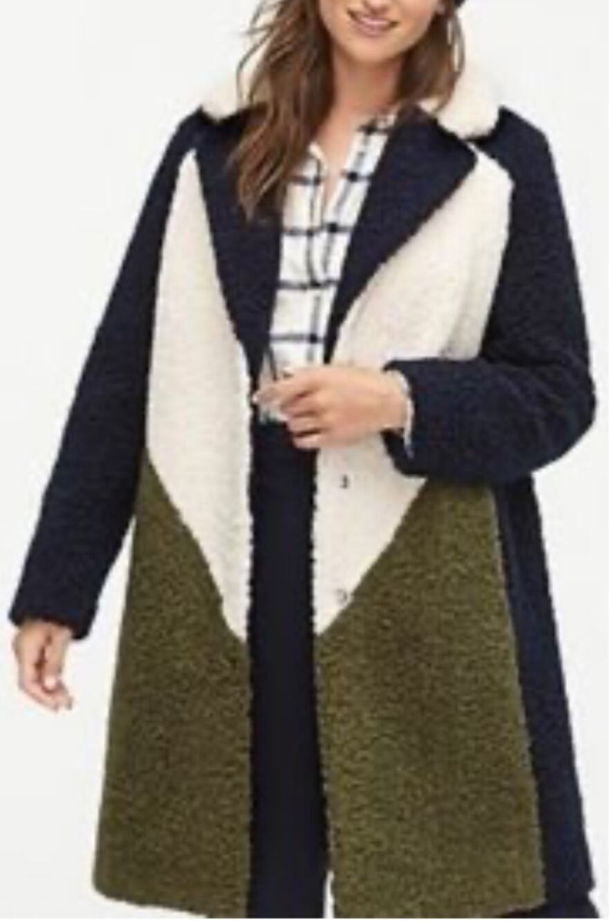 J CREW TEDDY SHERPA COAT COLORBLOCK BLUE IVORY OLIVE TOPCOAT PREPPY JACKET